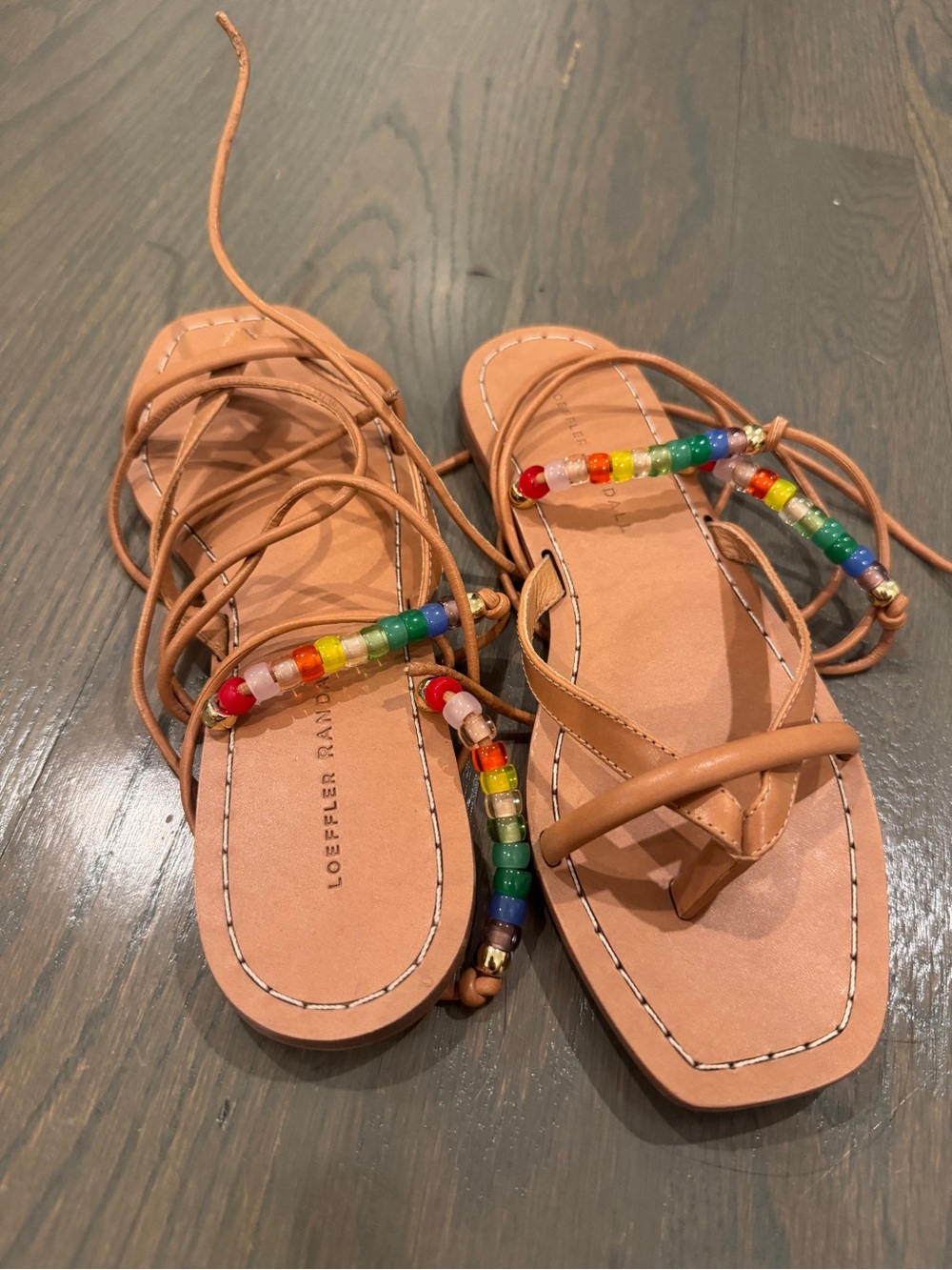 Loeffler Randall Tan Leather Beaded Lace-Up Sandals